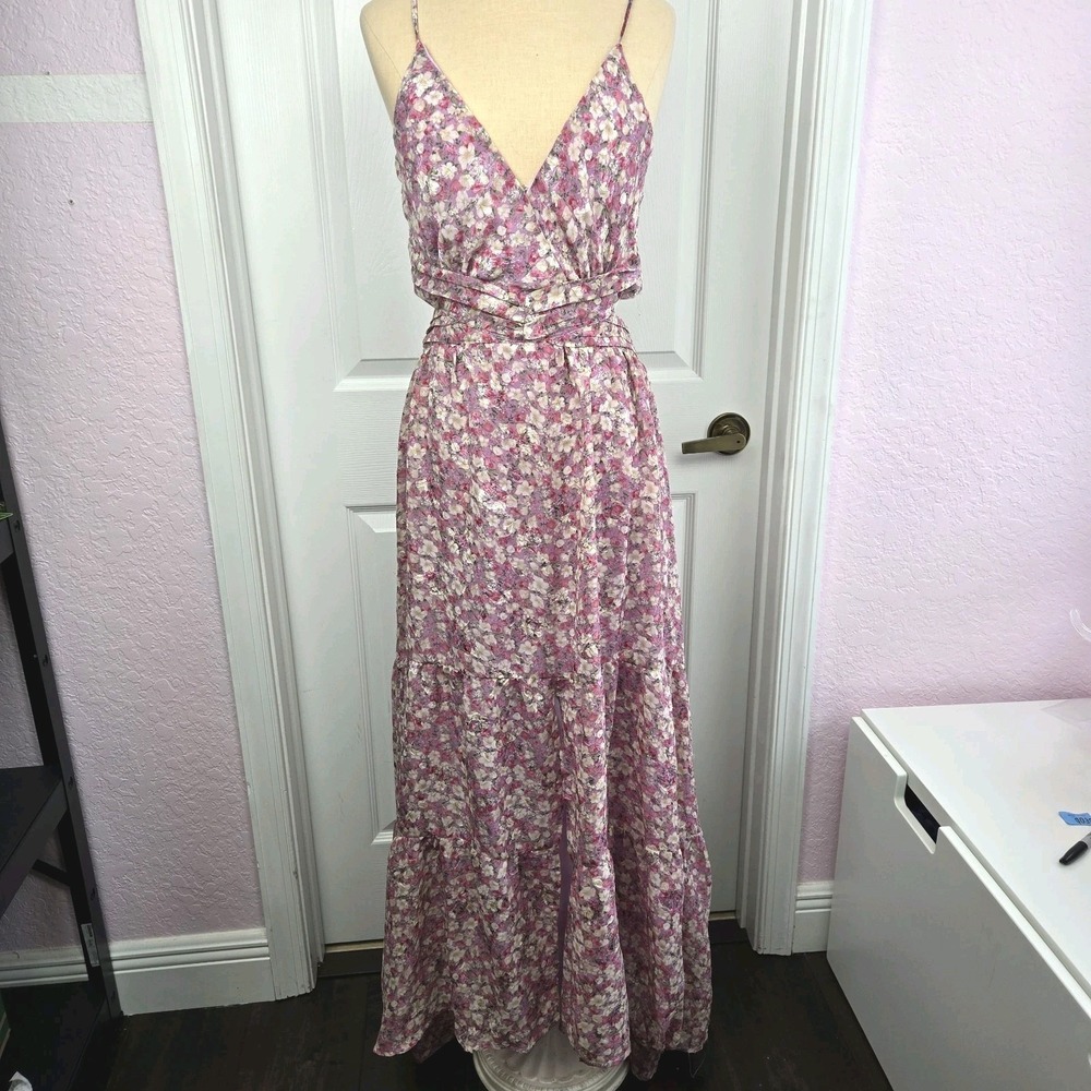 ASTR‎ the Label Frolic Floral Cutout Maxi Dress Pink Ditsy Size L Front Slit